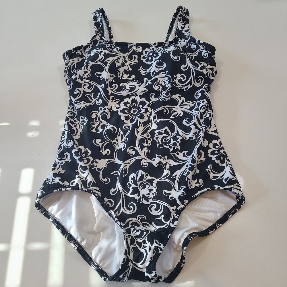 Lands' End One Piece Black and White Floral Swimsuit in Size 12